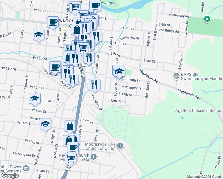 map of restaurants, bars, coffee shops, grocery stores, and more near 400 East 11th Street in Columbia