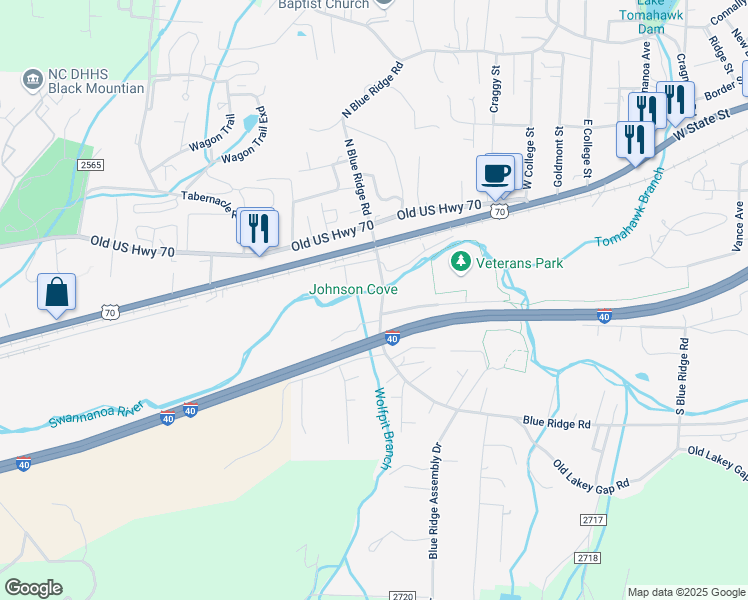map of restaurants, bars, coffee shops, grocery stores, and more near 851 Blue Ridge Road in Black Mountain