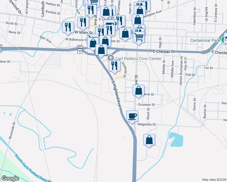 map of restaurants, bars, coffee shops, grocery stores, and more near 130 Beasley Street in Jackson