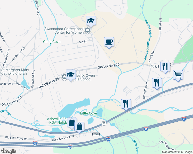 map of restaurants, bars, coffee shops, grocery stores, and more near 117 Stone Drive in Swannanoa