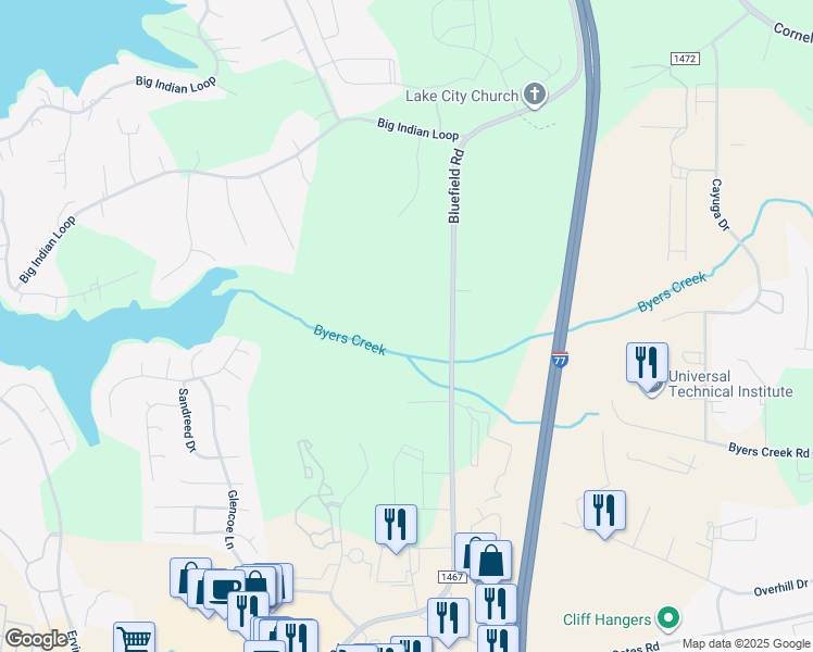 map of restaurants, bars, coffee shops, grocery stores, and more near Bluefield Road in Mooresville