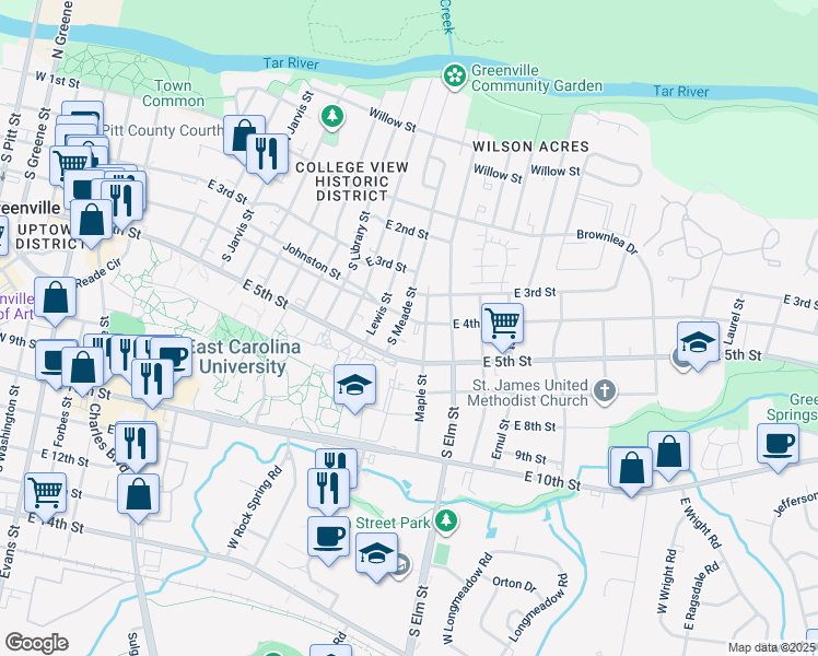 map of restaurants, bars, coffee shops, grocery stores, and more near 408-498 Maple Street in Greenville