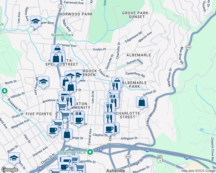map of restaurants, bars, coffee shops, grocery stores, and more near 210 Charlotte Street in Asheville