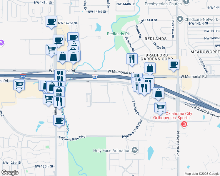 map of restaurants, bars, coffee shops, grocery stores, and more near 13600 North Blackwelder Avenue in Oklahoma City