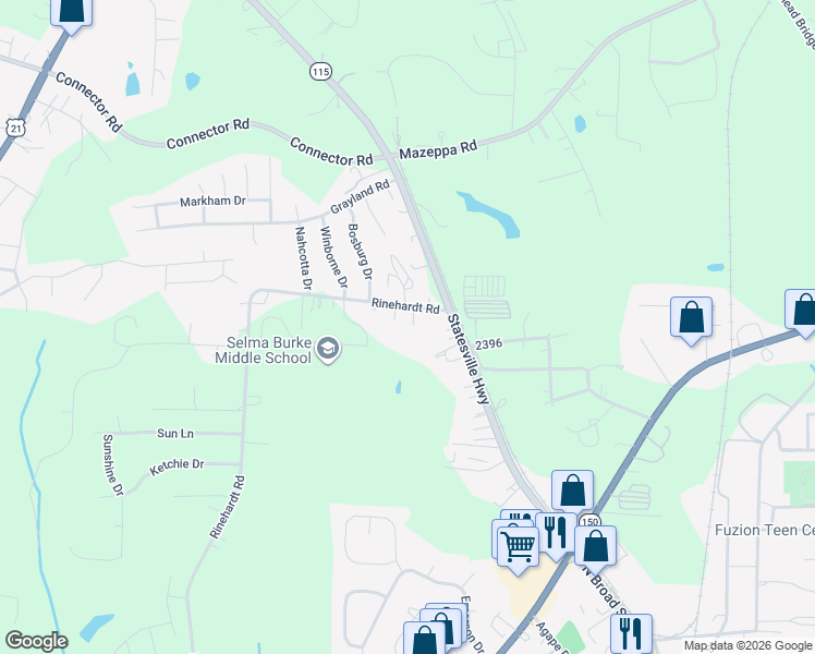 map of restaurants, bars, coffee shops, grocery stores, and more near 125 Rinehardt Road in Mooresville