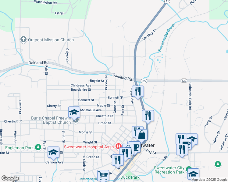map of restaurants, bars, coffee shops, grocery stores, and more near 404 Bennett Street in Sweetwater