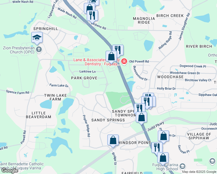 map of restaurants, bars, coffee shops, grocery stores, and more near 1628 Balfour Downs Circle in Fuquay-Varina