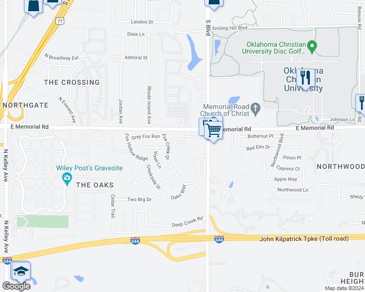 map of restaurants, bars, coffee shops, grocery stores, and more near 1822 Northeast 135th Street in Oklahoma City