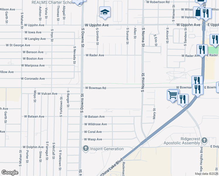 map of restaurants, bars, coffee shops, grocery stores, and more near 725 West Bowman Road in Ridgecrest