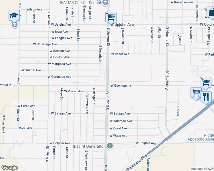 map of restaurants, bars, coffee shops, grocery stores, and more near West Bowman Road in Ridgecrest