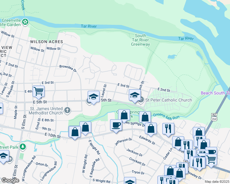 map of restaurants, bars, coffee shops, grocery stores, and more near 400 Sycamore Street in Greenville