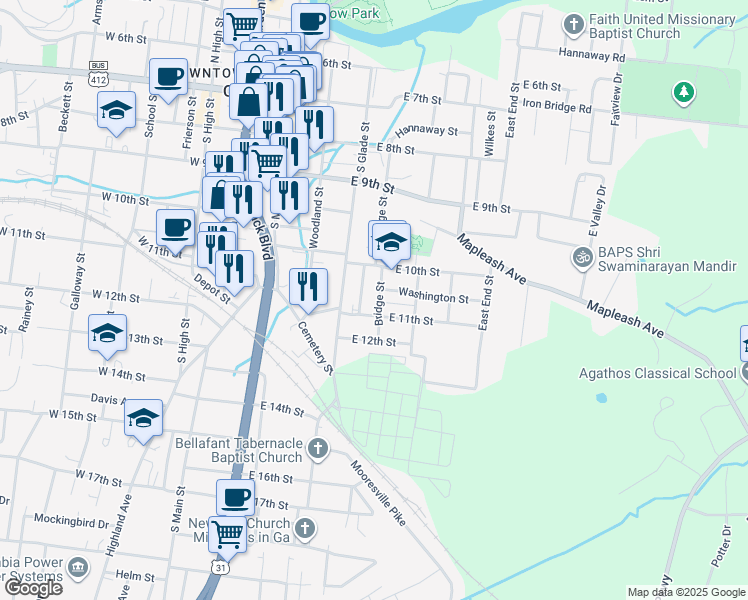map of restaurants, bars, coffee shops, grocery stores, and more near 1101 Bridge Street in Columbia