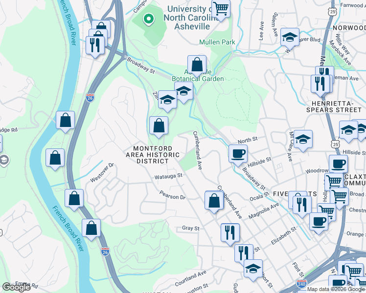 map of restaurants, bars, coffee shops, grocery stores, and more near 400 Cumberland Avenue in Asheville