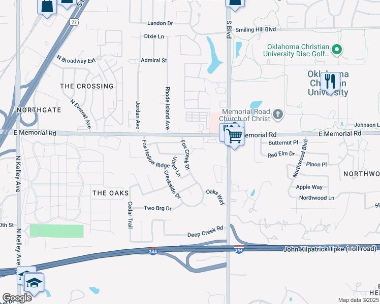 map of restaurants, bars, coffee shops, grocery stores, and more near 1800 Northeast 135th Street in Oklahoma City