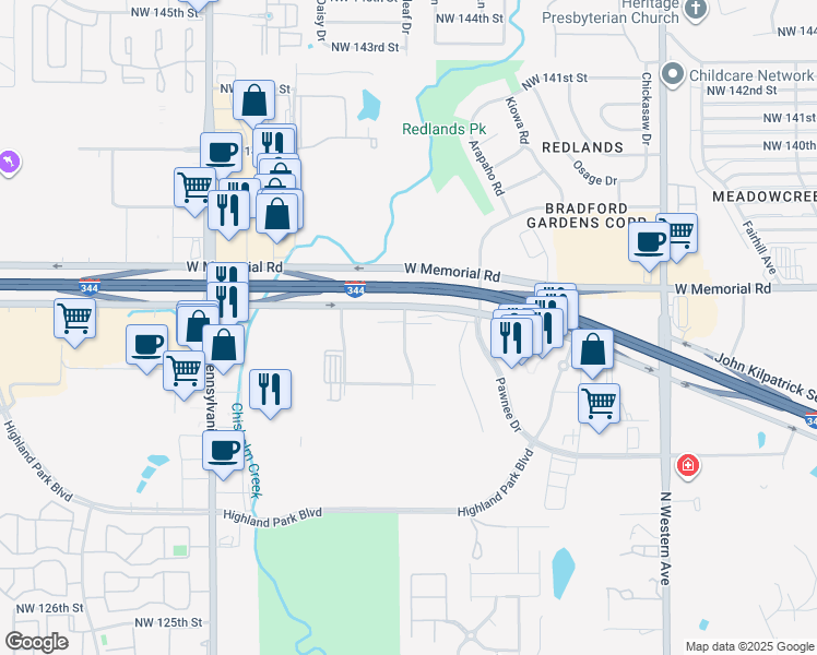 map of restaurants, bars, coffee shops, grocery stores, and more near 2066-2076 West Memorial Road in Oklahoma City