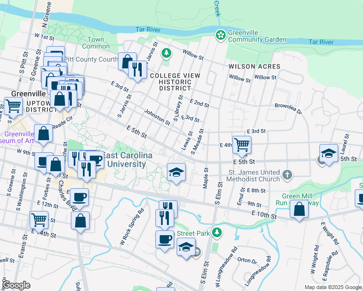 map of restaurants, bars, coffee shops, grocery stores, and more near 1305 East 4th Street in Greenville