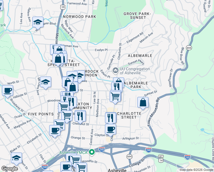 map of restaurants, bars, coffee shops, grocery stores, and more near 35 Murdock Avenue in Asheville