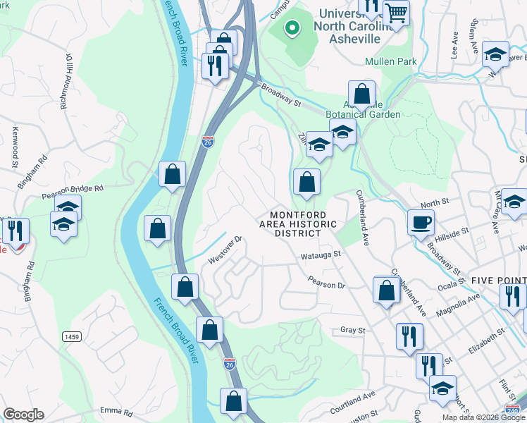 map of restaurants, bars, coffee shops, grocery stores, and more near 9 Melbourne Place in Asheville