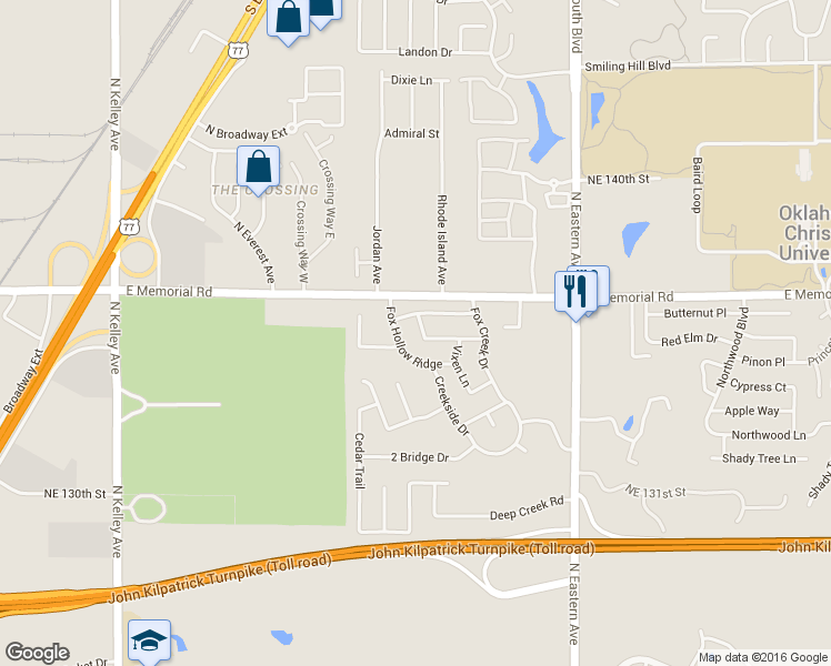 map of restaurants, bars, coffee shops, grocery stores, and more near 1603 Grey Fox Run in Oklahoma City