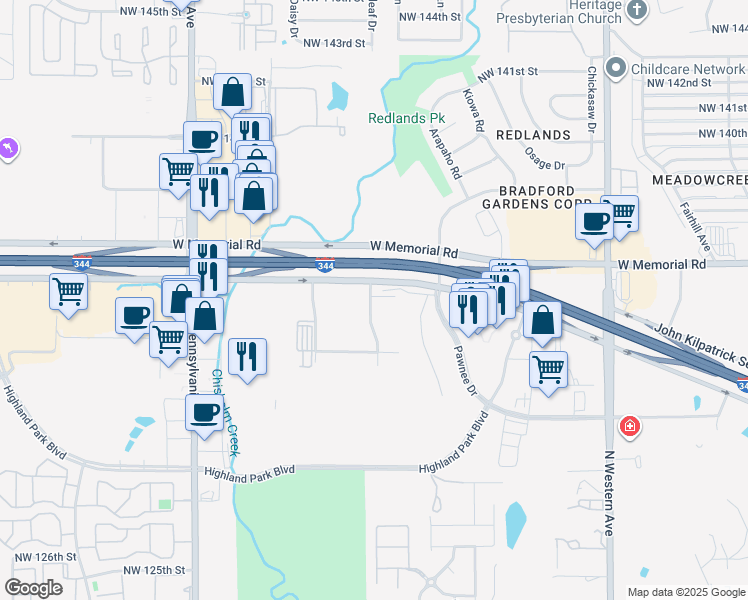 map of restaurants, bars, coffee shops, grocery stores, and more near 2066-2076 West Memorial Road in Oklahoma City