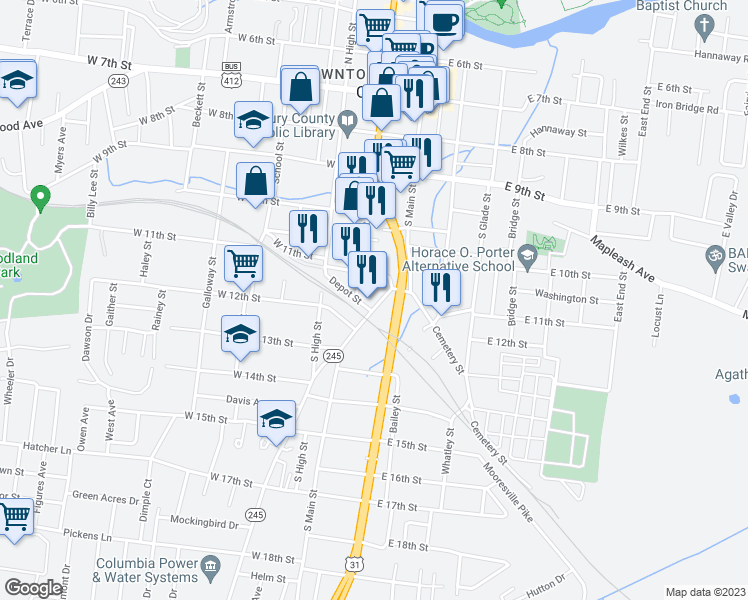 map of restaurants, bars, coffee shops, grocery stores, and more near 1210 South Main Street in Columbia