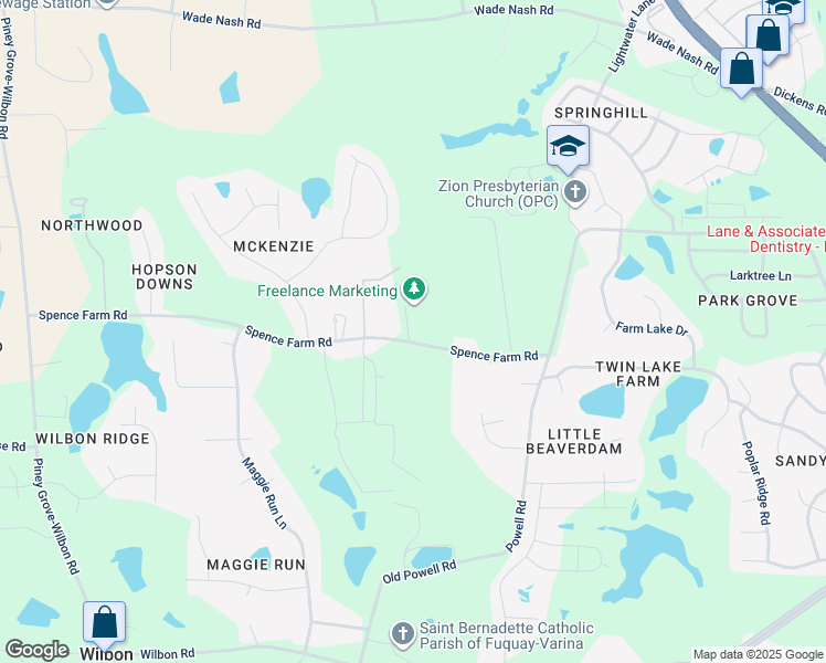 map of restaurants, bars, coffee shops, grocery stores, and more near 5316 Spence Farm Road in Holly Springs