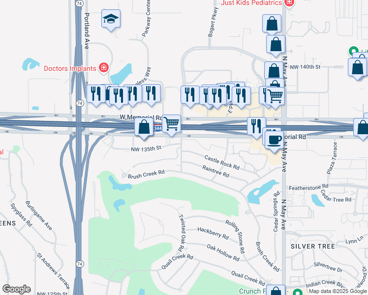 map of restaurants, bars, coffee shops, grocery stores, and more near 3253 Castle Rock Road in Oklahoma City