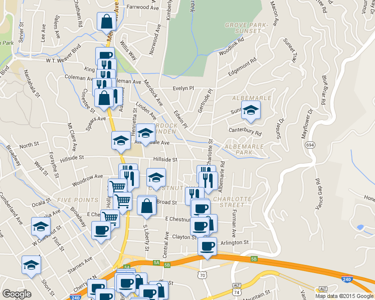 map of restaurants, bars, coffee shops, grocery stores, and more near 20 Murdock Avenue in Asheville