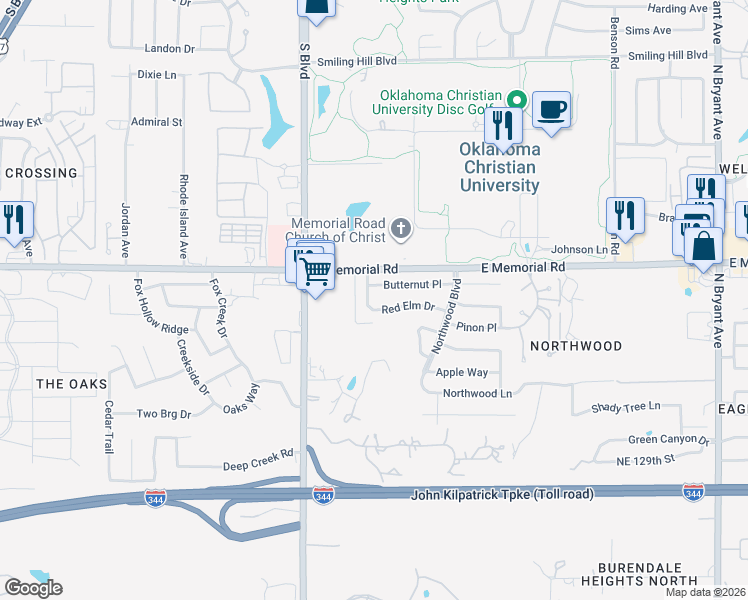 map of restaurants, bars, coffee shops, grocery stores, and more near 2203 Butternut Place in Edmond