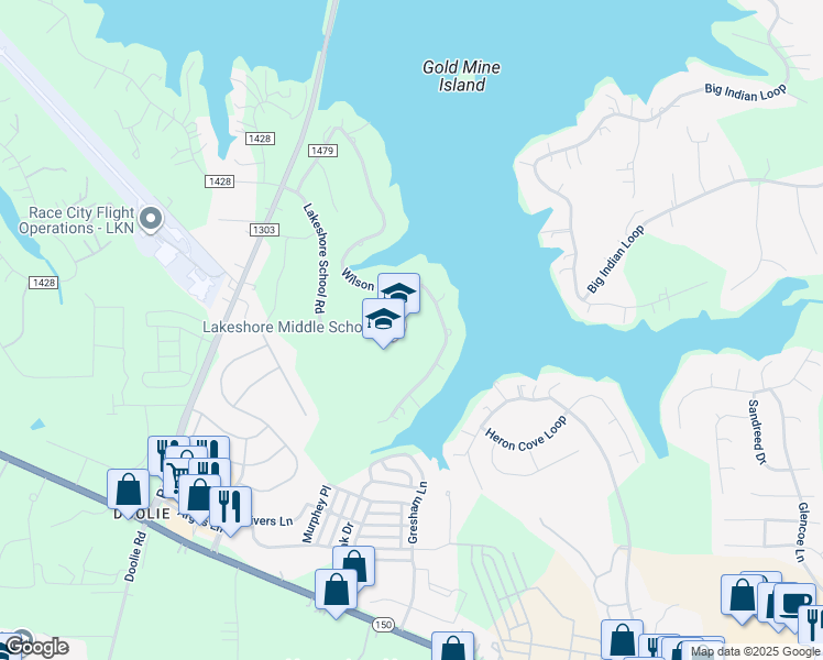 map of restaurants, bars, coffee shops, grocery stores, and more near 252 Lakeshore School Road in Mooresville