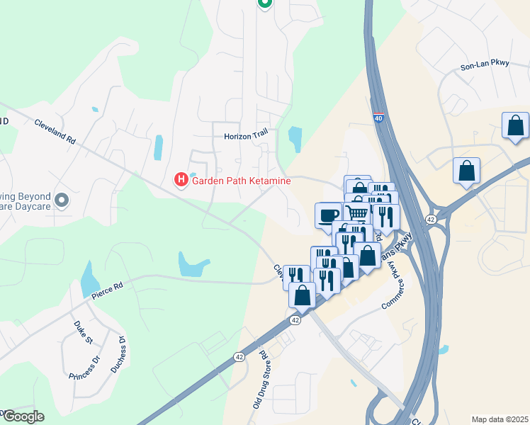 map of restaurants, bars, coffee shops, grocery stores, and more near 21 Glenbrook Ct in Garner
