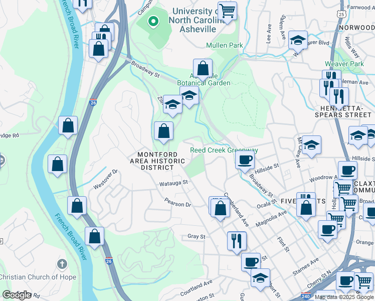 map of restaurants, bars, coffee shops, grocery stores, and more near 400 Cumberland Avenue in Asheville