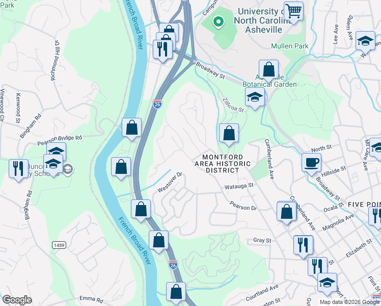 map of restaurants, bars, coffee shops, grocery stores, and more near 9 Melbourne Place in Asheville