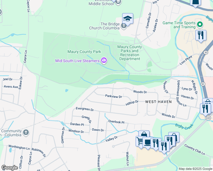 map of restaurants, bars, coffee shops, grocery stores, and more near 522 Woods Drive in Columbia
