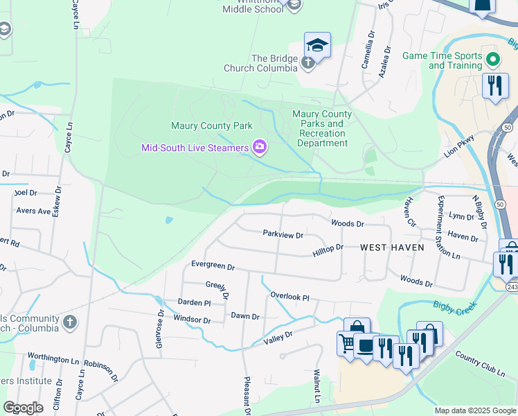 map of restaurants, bars, coffee shops, grocery stores, and more near 522 Woods Drive in Columbia