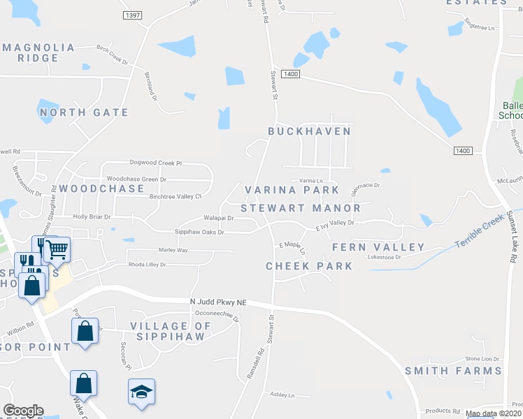 map of restaurants, bars, coffee shops, grocery stores, and more near 1830 Stewart Street in Fuquay Varina