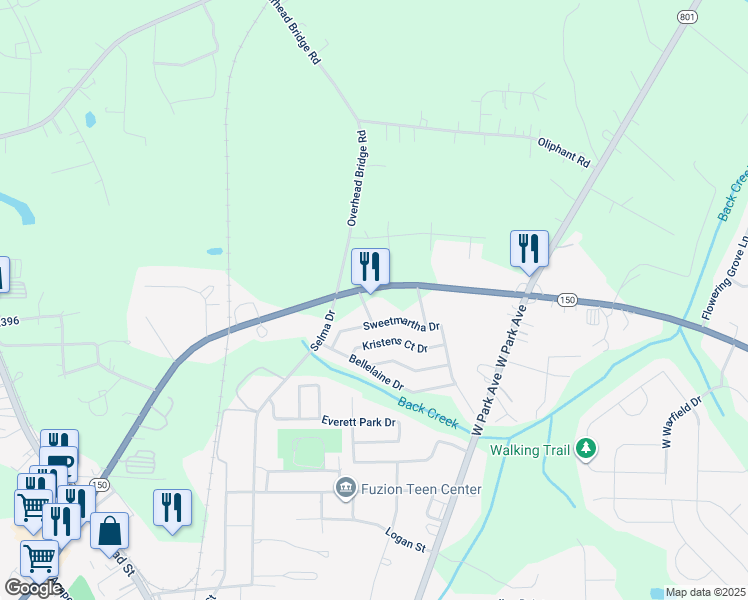 map of restaurants, bars, coffee shops, grocery stores, and more near 802 Oakridge Farm Highway in Mooresville
