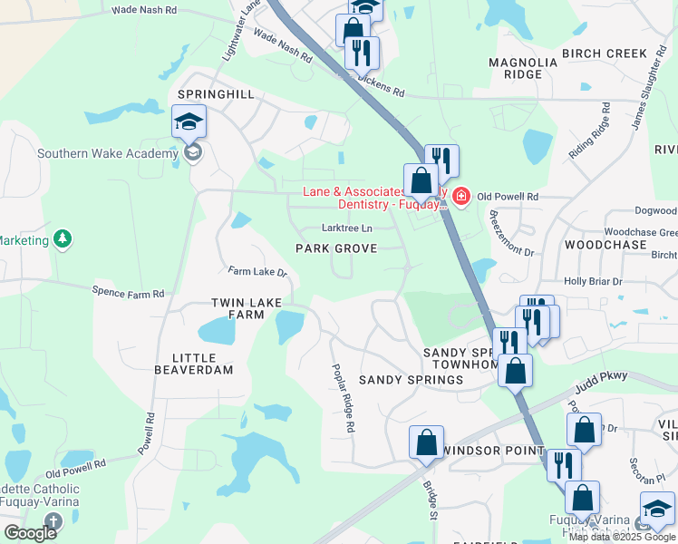 map of restaurants, bars, coffee shops, grocery stores, and more near 1819 Creek Oak Circle in Fuquay-Varina