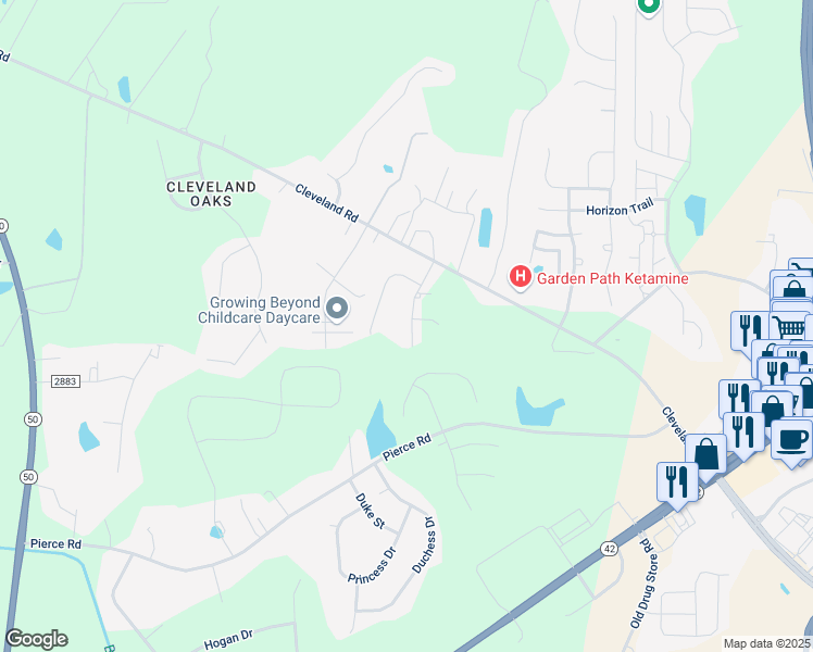 map of restaurants, bars, coffee shops, grocery stores, and more near 120 Polaris Avenue in Garner