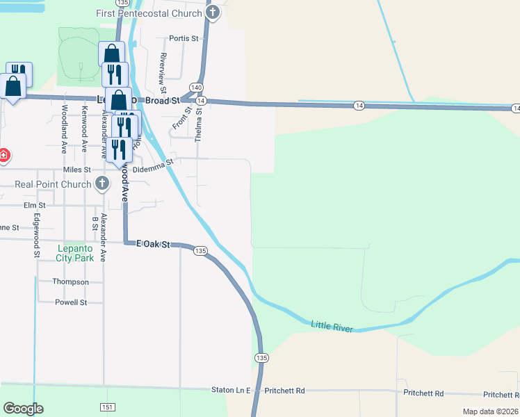 map of restaurants, bars, coffee shops, grocery stores, and more near 40515 J Martin Road in Lepanto