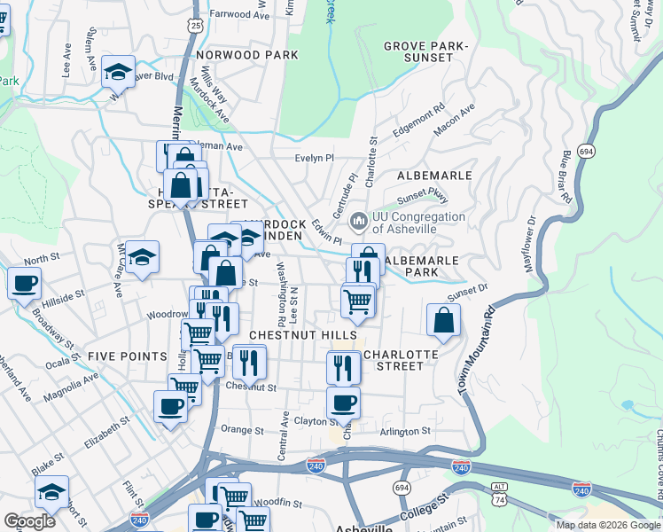 map of restaurants, bars, coffee shops, grocery stores, and more near 35 Murdock Avenue in Asheville