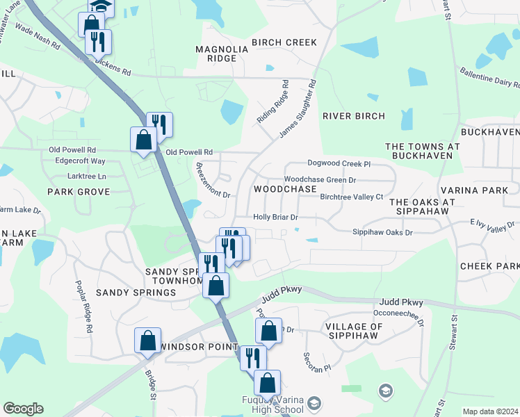 map of restaurants, bars, coffee shops, grocery stores, and more near 1909 Maple Sugar Lane in Fuquay Varina