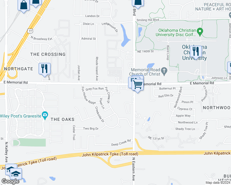map of restaurants, bars, coffee shops, grocery stores, and more near 1814 Northeast 135th Street in Oklahoma City