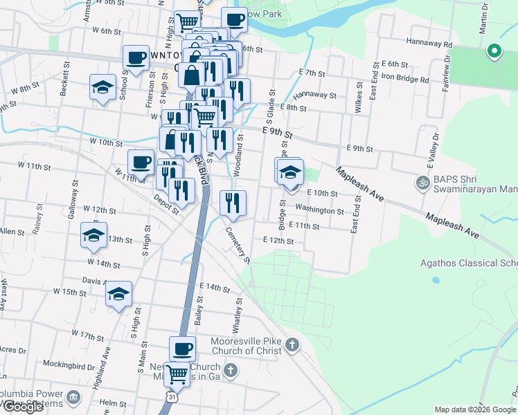 map of restaurants, bars, coffee shops, grocery stores, and more near 1117 South Glade Street in Columbia