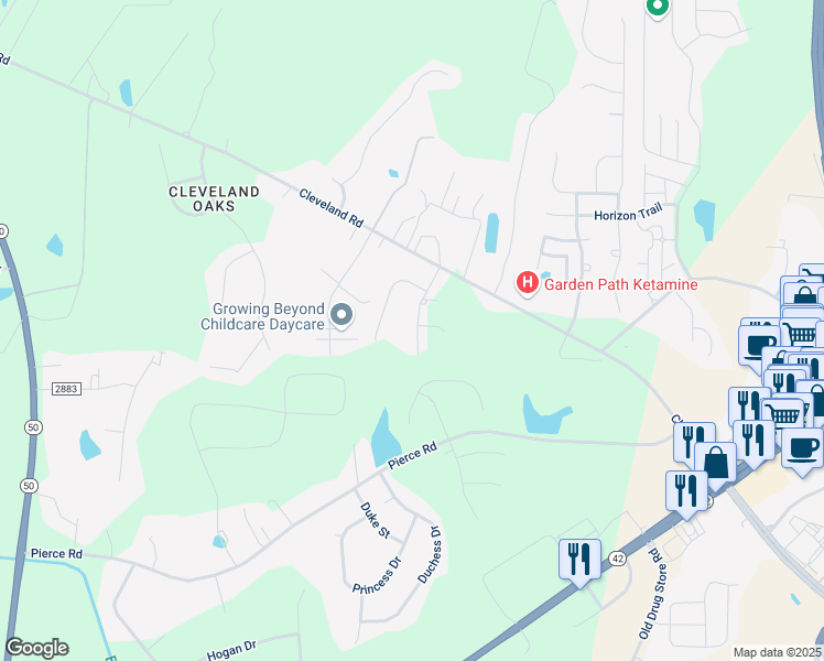map of restaurants, bars, coffee shops, grocery stores, and more near 120 Polaris Avenue in Garner