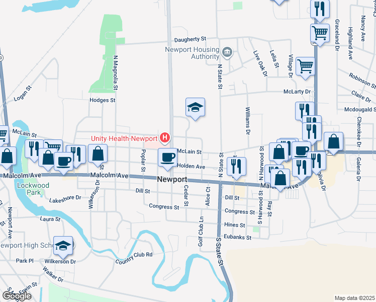 map of restaurants, bars, coffee shops, grocery stores, and more near 1309 McLain Street in Newport
