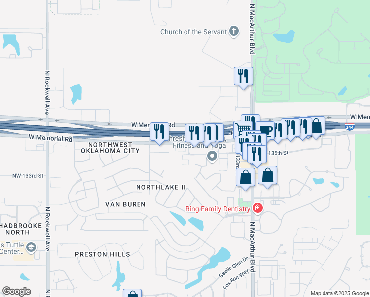map of restaurants, bars, coffee shops, grocery stores, and more near 5901-6271 West Memorial Road in Oklahoma City