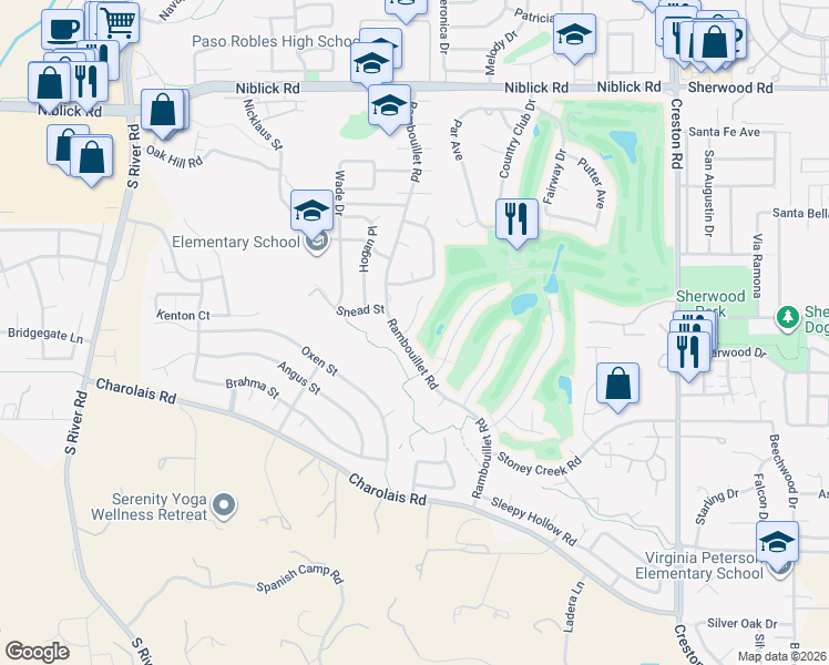 map of restaurants, bars, coffee shops, grocery stores, and more near 904 Spyglass Court in Paso Robles