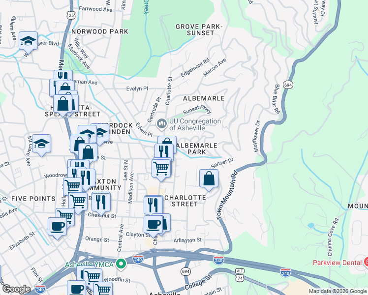map of restaurants, bars, coffee shops, grocery stores, and more near 7 Banbury Cross Street in Asheville