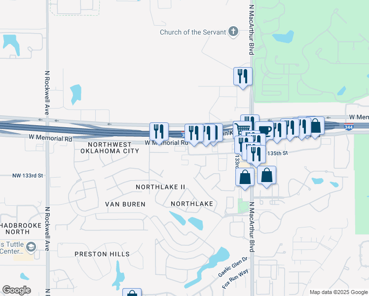 map of restaurants, bars, coffee shops, grocery stores, and more near 6300 West Memorial Road in Oklahoma City